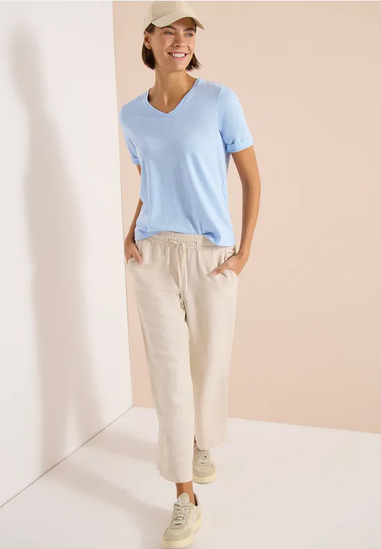 Cecil Damen Basic T-Shirt mit Kurzarm und V-Neck in Blau, Gr: 3XL