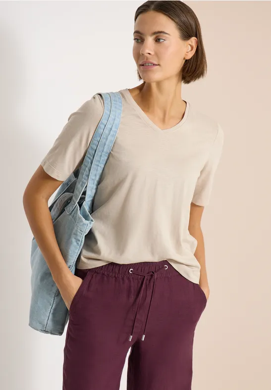 Cecil Damen Basic T-Shirt mit Kurzarm und V-Neck in Beige, Gr: 3XL