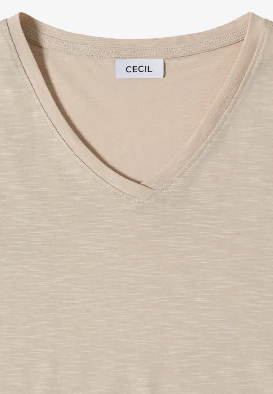 Cecil Damen Basic T-Shirt mit Kurzarm und V-Neck in Beige, Gr: 3XL