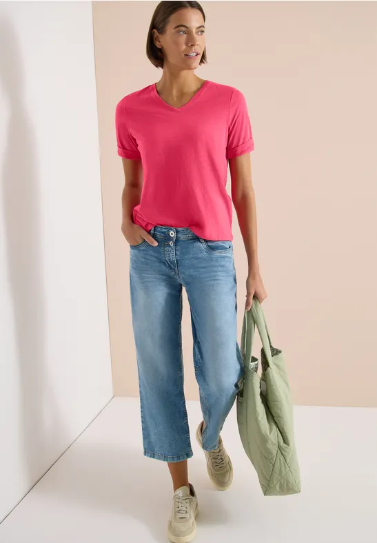 Cecil Damen Basic T-Shirt mit Kurzarm und V-Neck in Rot, Gr: 3XL