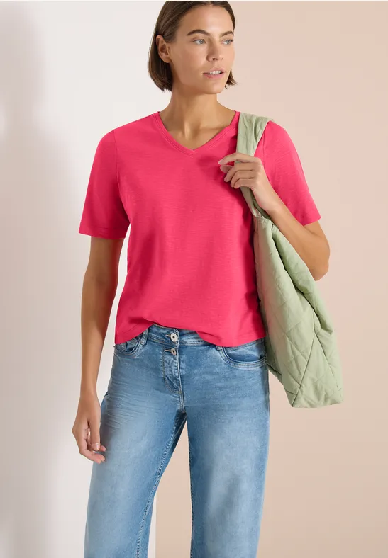 Cecil Damen Basic T-Shirt mit Kurzarm und V-Neck in Rot, Gr: 3XL