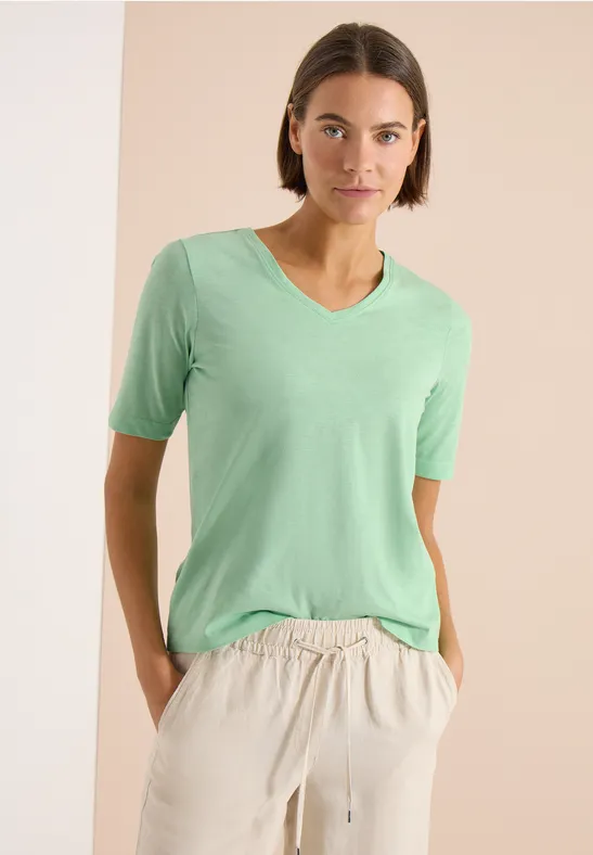 Cecil Damen Basic T-Shirt mit Kurzarm und V-Neck in Grün, Gr: 3XL