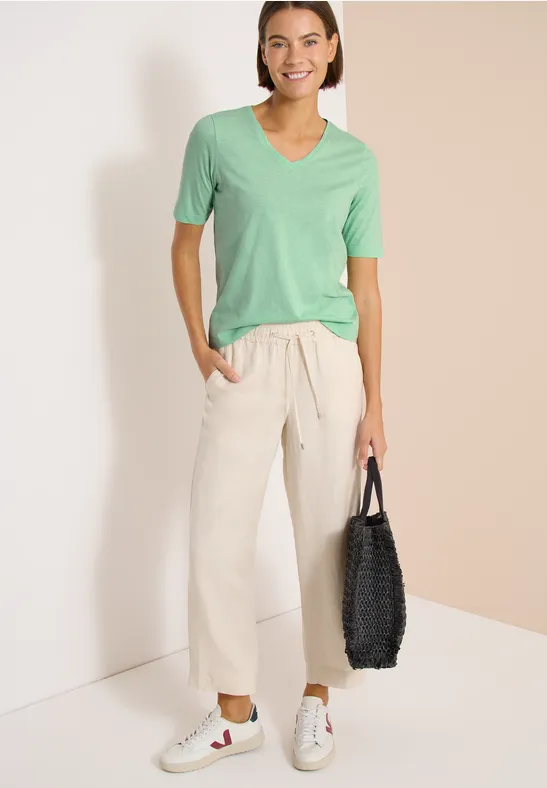 Cecil Damen Basic T-Shirt mit Kurzarm und V-Neck in Grün, Gr: 3XL
