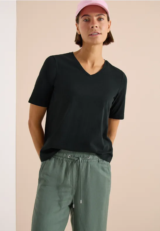Cecil Damen Basic T-Shirt mit Kurzarm und V-Neck in Grün, Gr: 3XL