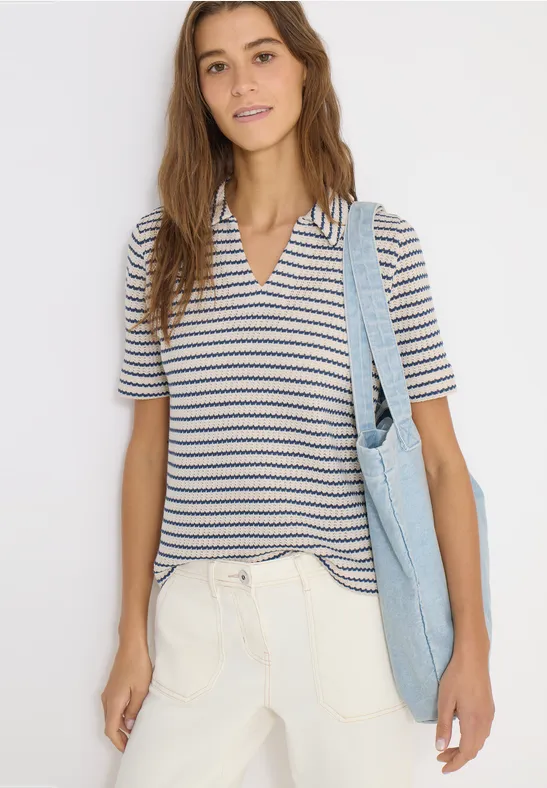 Cecil Damen Gestreiftes Ajour Shirt in Blau, Gr: XL