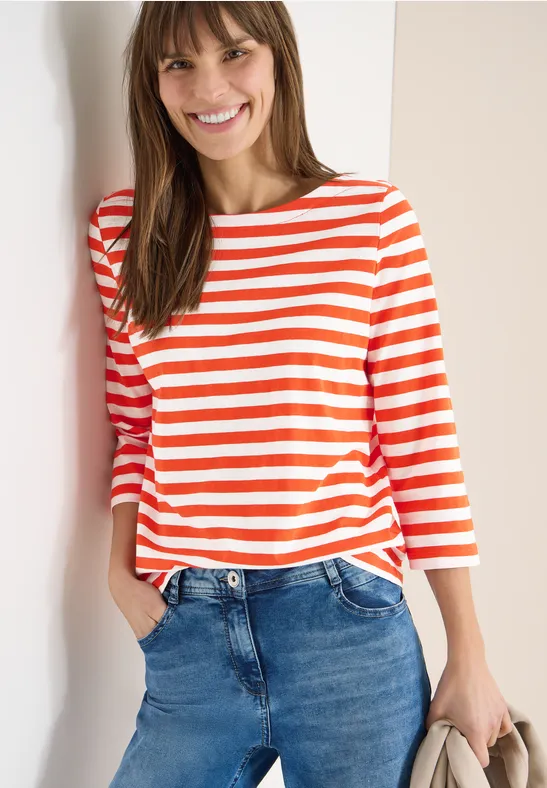Cecil Damen Gestreiftes Basic Shirt in Orange, Gr: XS