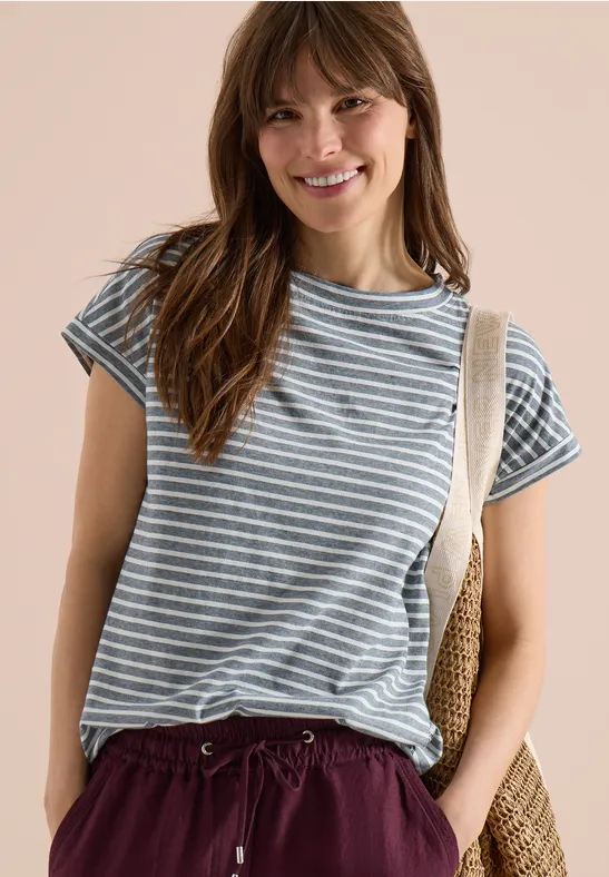 Cecil Damen Kurzarm T-Shirt mit elastischem Saum in Blau, Gr: L