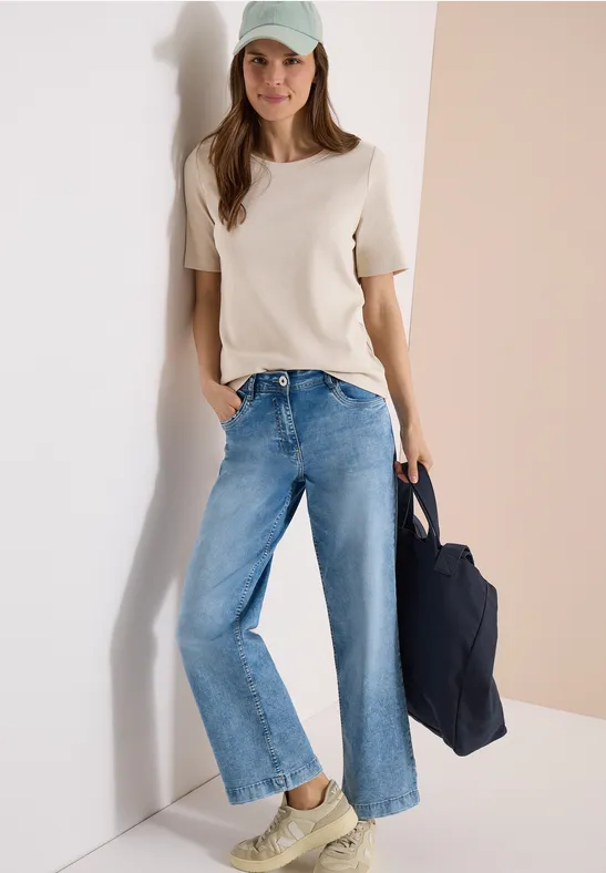 Cecil Damen Basic T-Shirt in Rippstruktur in Beige, Gr: 3XL