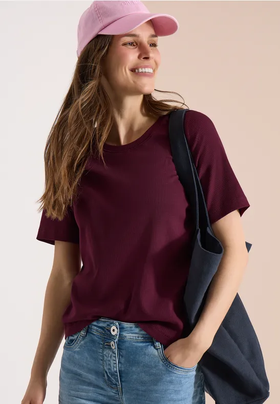 Cecil Damen Basic T-Shirt in Rippstruktur in Rot, Gr: 3XL