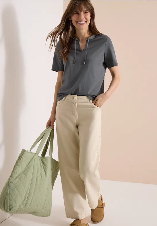 Cecil Damen Kurzarm Shirt mit Split Neck in Grau, Gr: 3XL