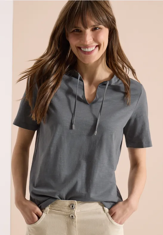 Cecil Damen Kurzarm Shirt mit Split Neck in Grau, Gr: 3XL