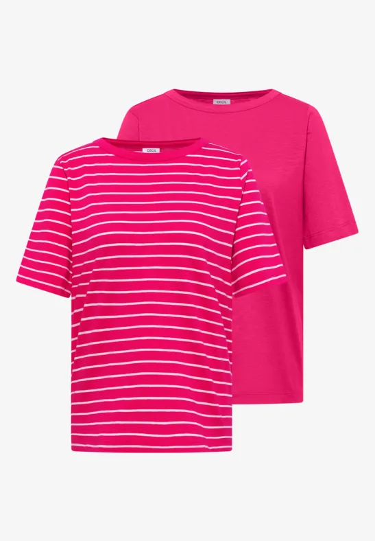 Cecil Damen T-Shirts mit Streifen im 2er-Pack in Pink|Multicolour|Weiß, Gr: 3XL