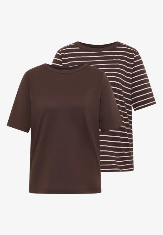 Cecil Damen T-Shirts mit Streifen im 2er-Pack in Multicolour|Braun|Rosa, Gr: 3XL