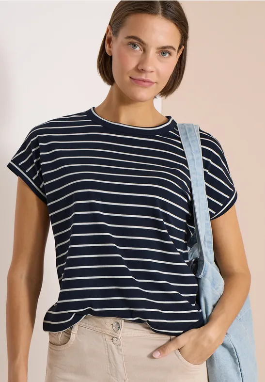 Cecil Damen T-Shirt mit Rundhals und Streifen in Blau, Gr: 3XL