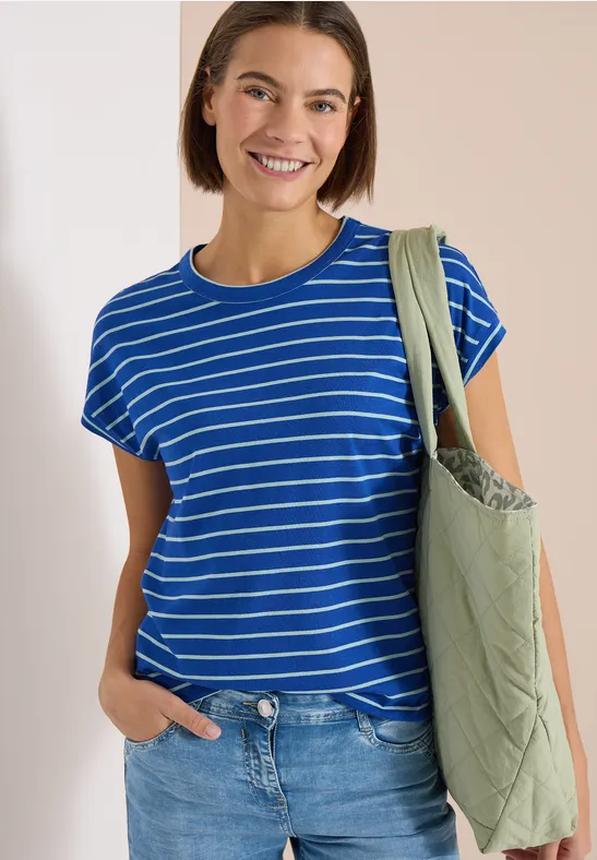 Cecil Damen T-Shirt mit Rundhals und Streifen in Blau, Gr: 3XL