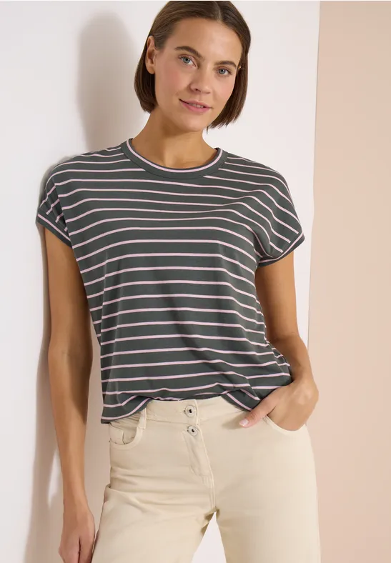 Cecil Damen T-Shirt mit Rundhals und Streifen in Grün, Gr: 3XL