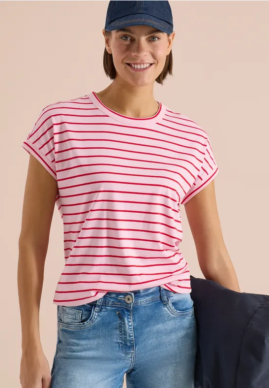 Cecil Damen T-Shirt mit Rundhals und Streifen in Rosa, Gr: XS