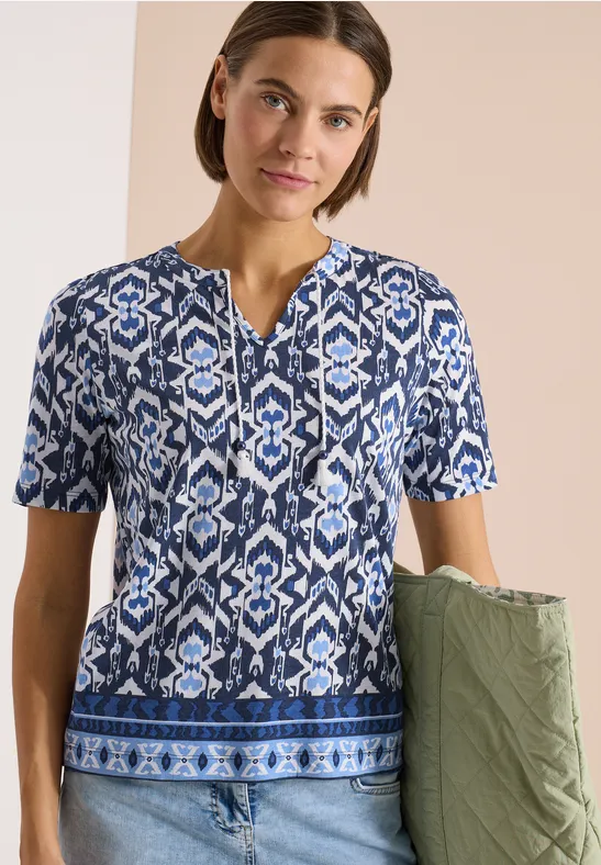 Cecil Damen Kurzarm Shirt mit Split Neck und Print in Blau, Gr: 3XL