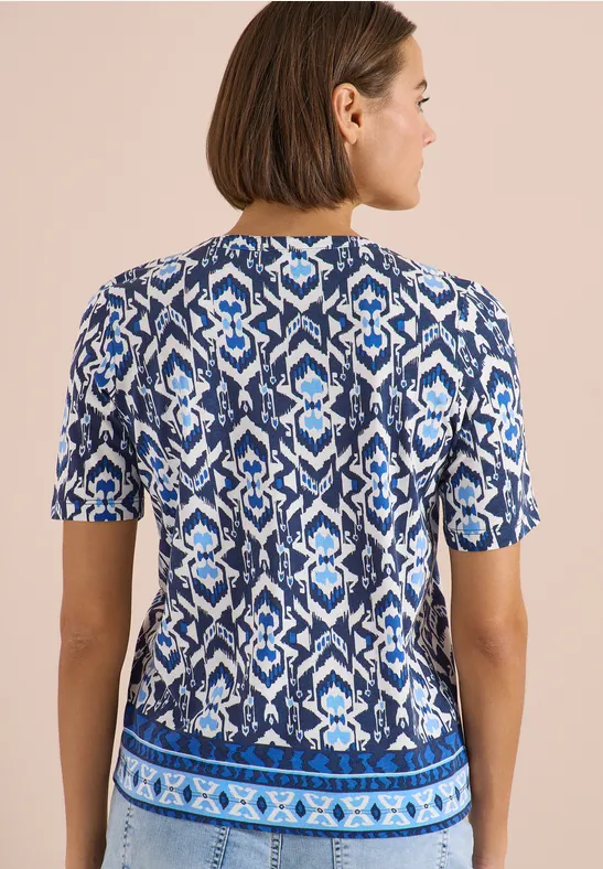 Cecil Damen Kurzarm Shirt mit Split Neck und Print in Blau, Gr: 3XL