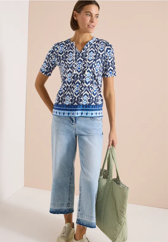 Cecil Damen Kurzarm Shirt mit Split Neck und Print in Blau, Gr: 3XL