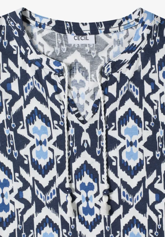 Cecil Damen Kurzarm Shirt mit Split Neck und Print in Blau, Gr: 3XL