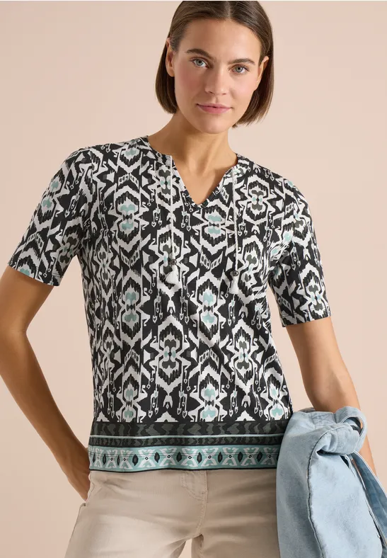 Cecil Damen Kurzarm Shirt mit Split Neck und Print in Grün, Gr: 3XL