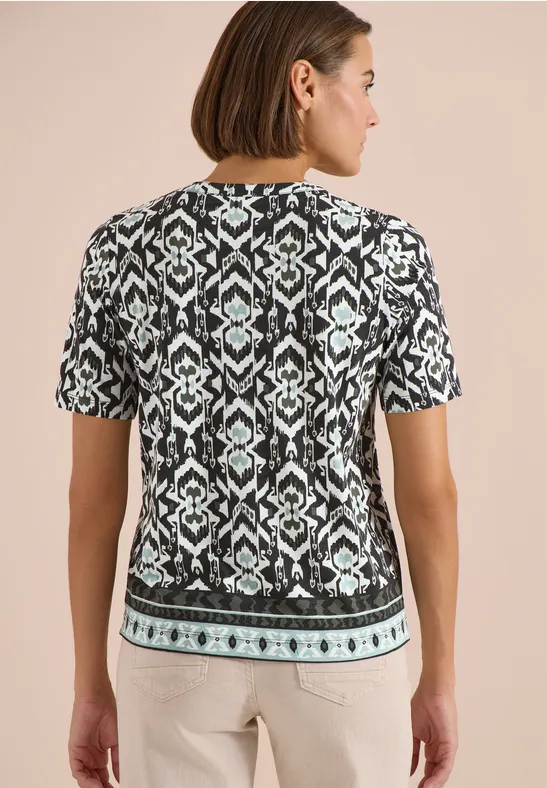 Cecil Damen Kurzarm Shirt mit Split Neck und Print in Grün, Gr: 3XL