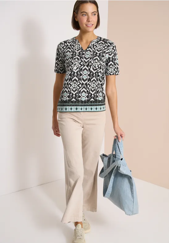 Cecil Damen Kurzarm Shirt mit Split Neck und Print in Grün, Gr: 3XL