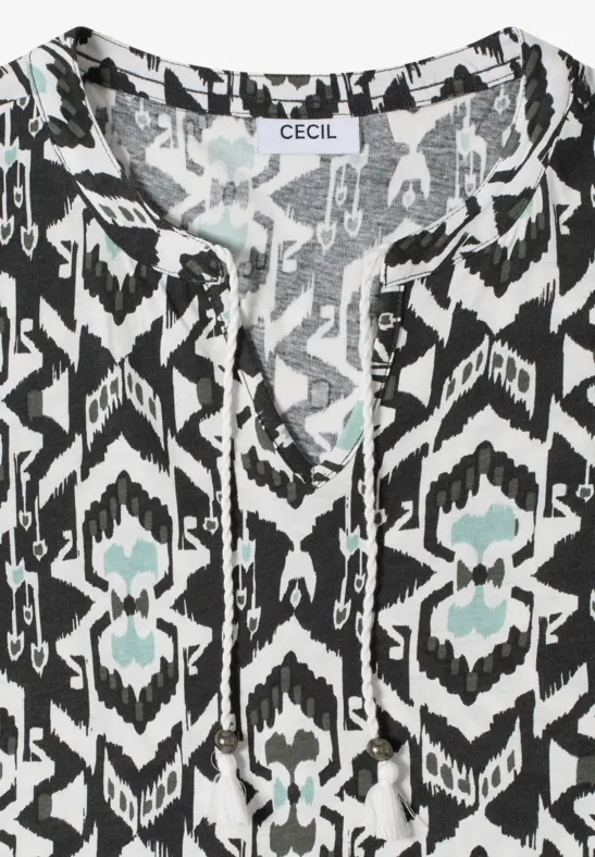 Cecil Damen Kurzarm Shirt mit Split Neck und Print in Grün, Gr: 3XL