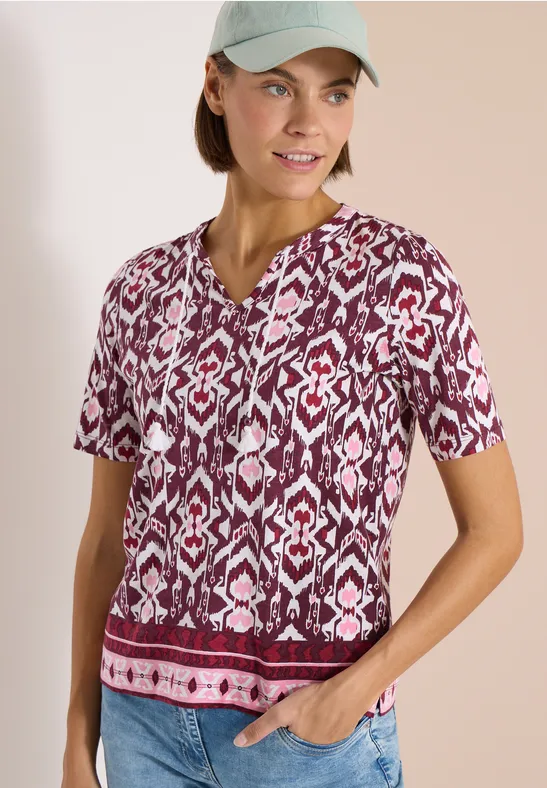 Cecil Damen Kurzarm Shirt mit Split Neck und Print in Rot, Gr: 3XL