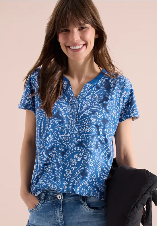 Cecil Damen T-Shirt mit Split Neck und Paisleymuster in Blau, Gr: 3XL