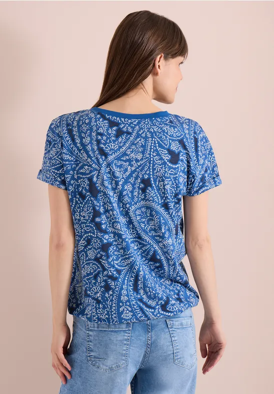 Cecil Damen T-Shirt mit Split Neck und Paisleymuster in Blau, Gr: 3XL