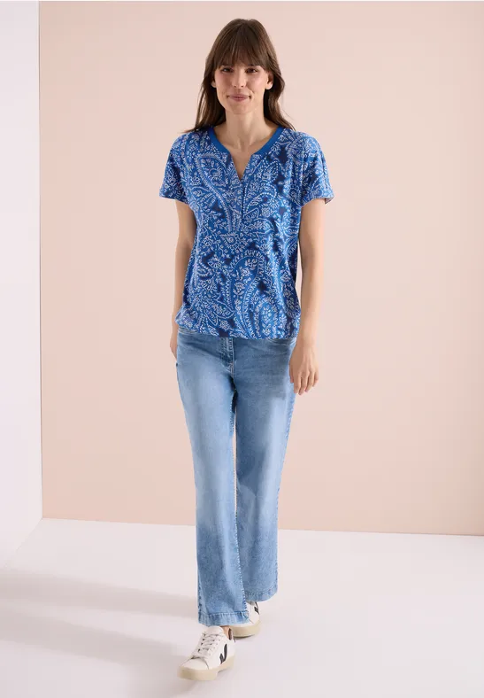 Cecil Damen T-Shirt mit Split Neck und Paisleymuster in Blau, Gr: 3XL