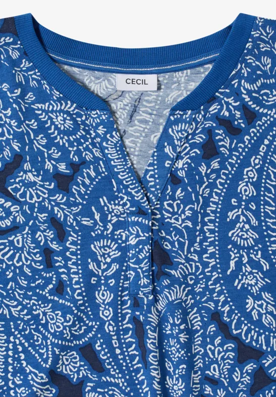 Cecil Damen T-Shirt mit Split Neck und Paisleymuster in Blau, Gr: 3XL