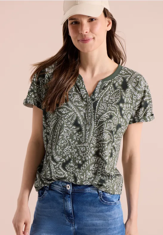 Cecil Damen T-Shirt mit Split Neck und Paisleymuster in Grün, Gr: 3XL