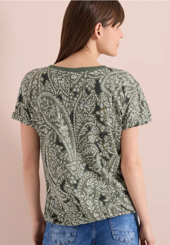 Cecil Damen T-Shirt mit Split Neck und Paisleymuster in Grün, Gr: 3XL