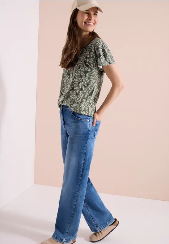 Cecil Damen T-Shirt mit Split Neck und Paisleymuster in Grün, Gr: 3XL
