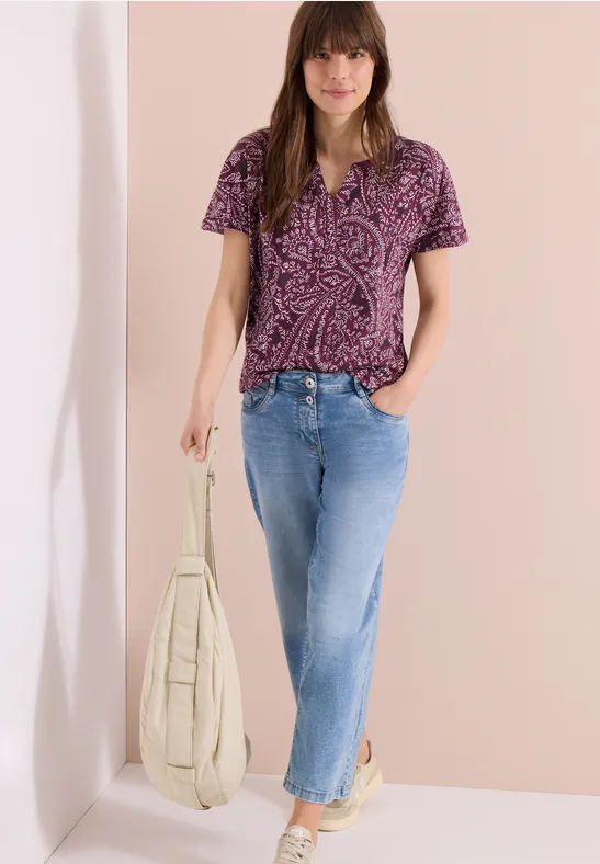 Cecil Damen T-Shirt mit Split Neck und Paisleymuster in Rot, Gr: S