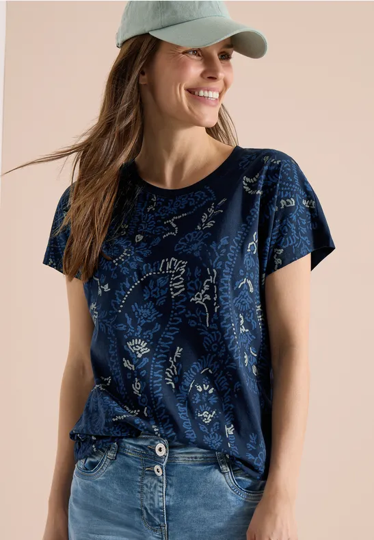 Cecil Damen T-Shirt mit Rundhals und Frontprint in Blau, Gr: 3XL