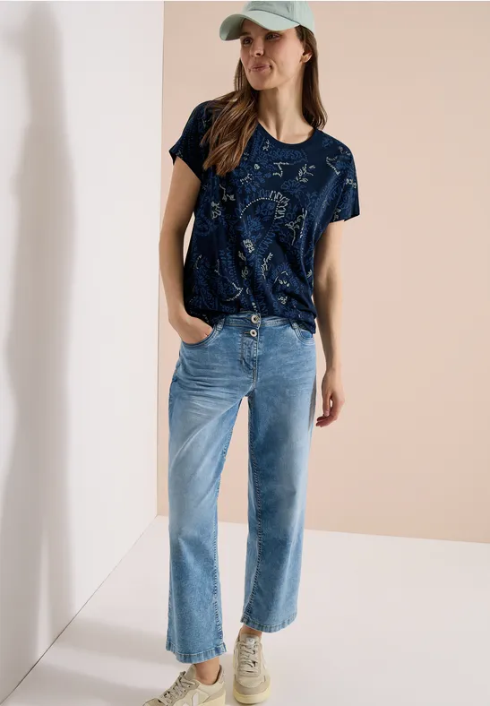 Cecil Damen T-Shirt mit Rundhals und Frontprint in Blau, Gr: 3XL