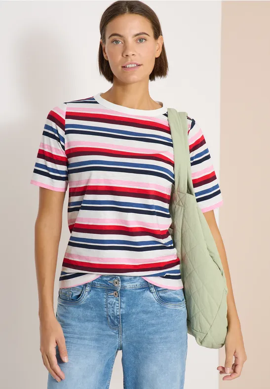 Cecil Damen Kurzarm Shirt mit Multicolor Streifen in Blau, Gr: L