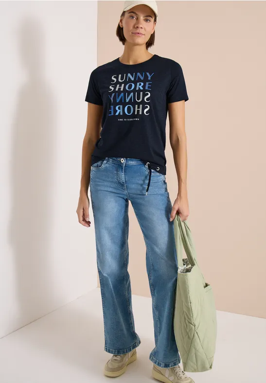 Cecil Damen Kurzarm Shirt in Ausbrenner-Optik in Blau, Gr: L
