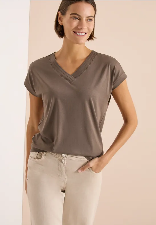 Cecil Damen Kurzarm Shirt mit V-Neck in Unifarbe in Beige, Gr: L
