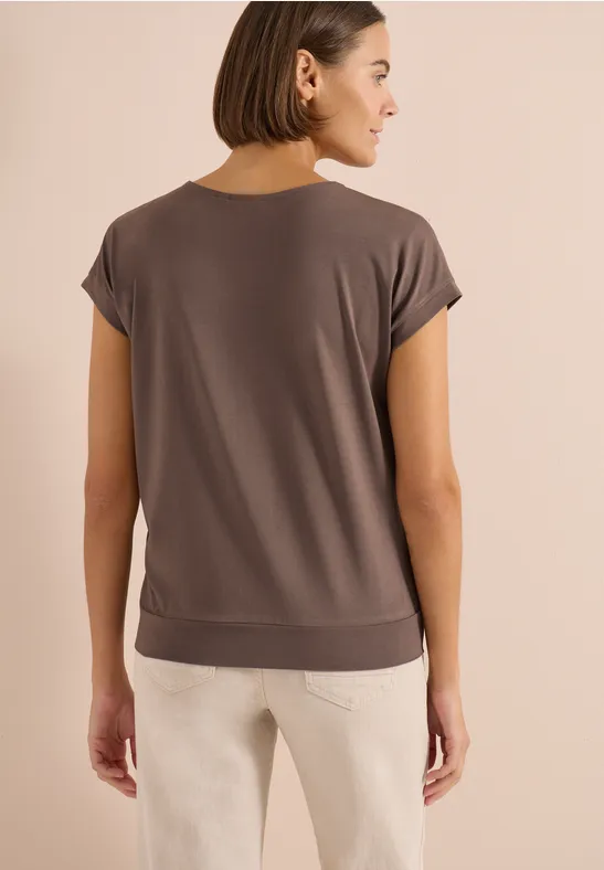 Cecil Damen Kurzarm Shirt mit V-Neck in Unifarbe in Beige, Gr: L