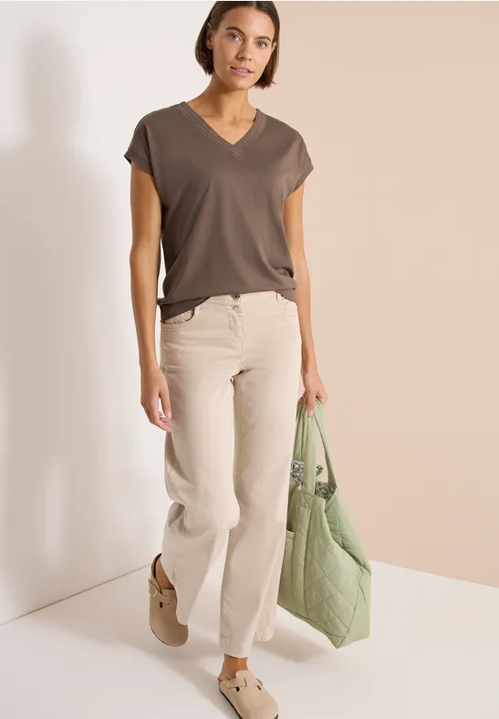 Cecil Damen Kurzarm Shirt mit V-Neck in Unifarbe in Beige, Gr: L