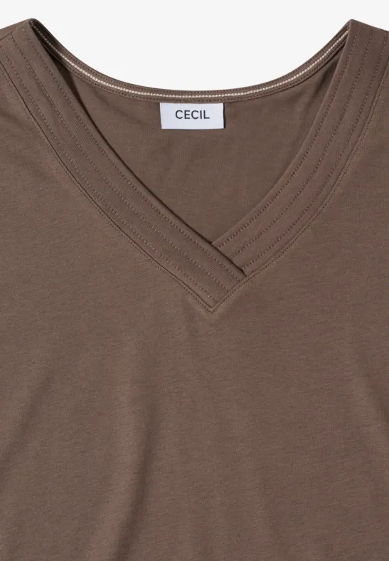 Cecil Damen Kurzarm Shirt mit V-Neck in Unifarbe in Beige, Gr: L