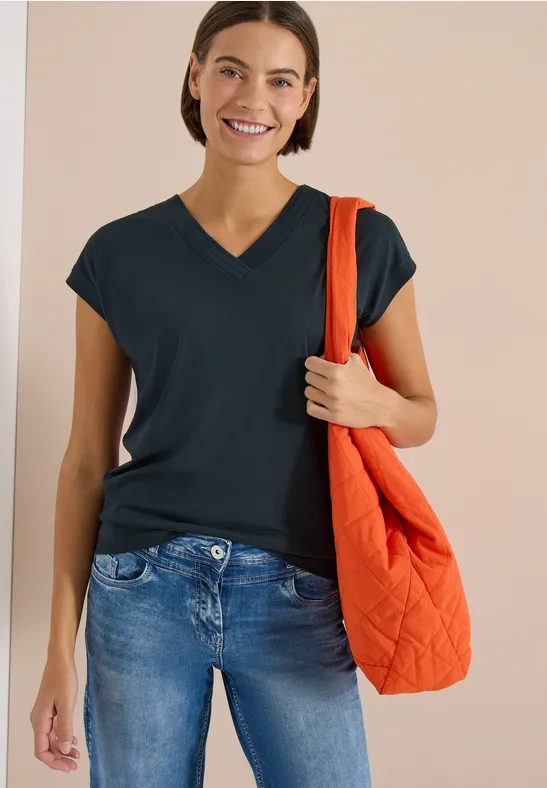 Cecil Damen Kurzarm Shirt mit V-Neck in Unifarbe in Blau, Gr: L