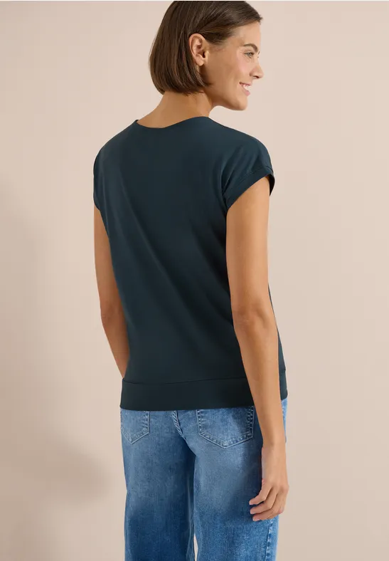 Cecil Damen Kurzarm Shirt mit V-Neck in Unifarbe in Blau, Gr: L