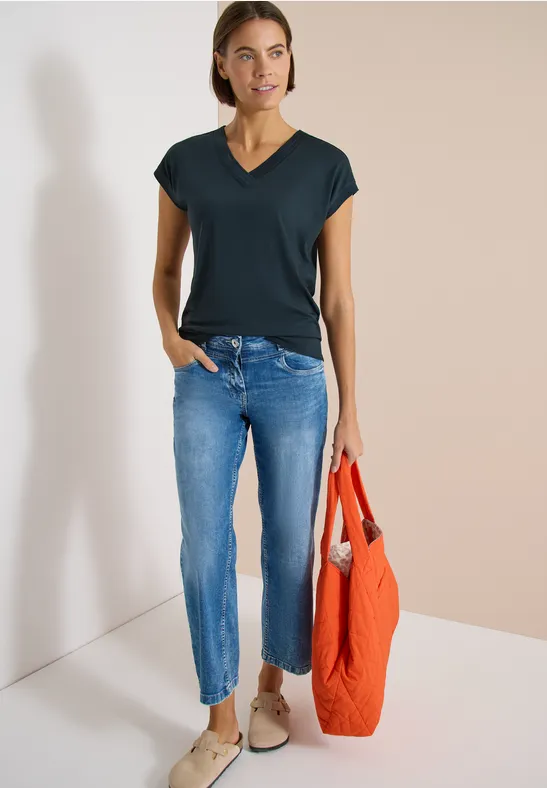Cecil Damen Kurzarm Shirt mit V-Neck in Unifarbe in Blau, Gr: L