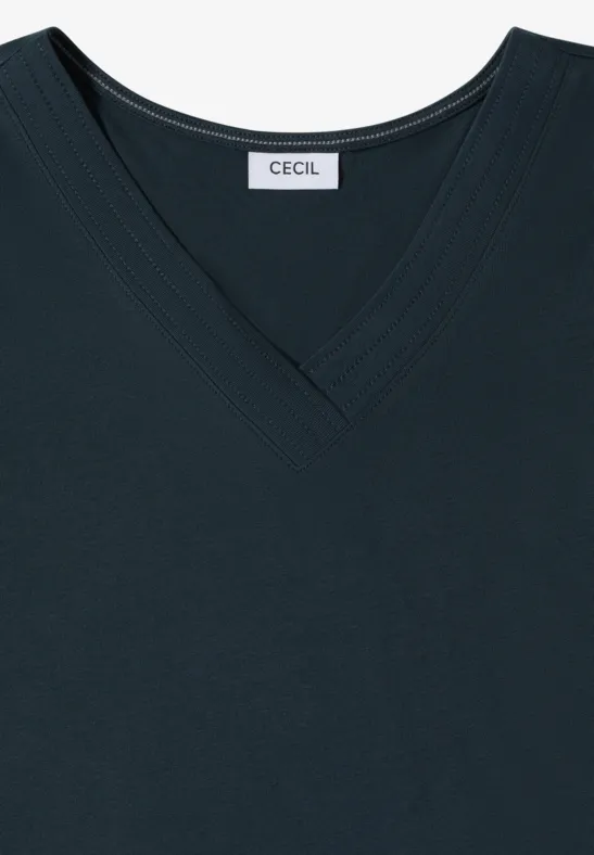 Cecil Damen Kurzarm Shirt mit V-Neck in Unifarbe in Blau, Gr: L